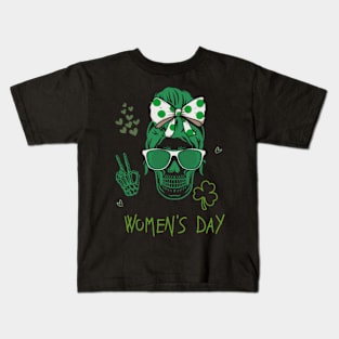 Womens St Patricks Day Skull Messy Bun Saint Pattys Paddys Women Kids T-Shirt